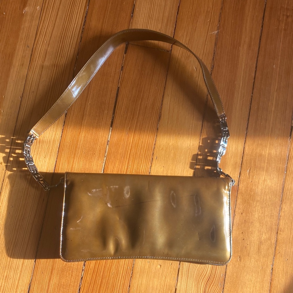 Vintage Bally olive gold brown patent leather logo chain Shoulder Bag